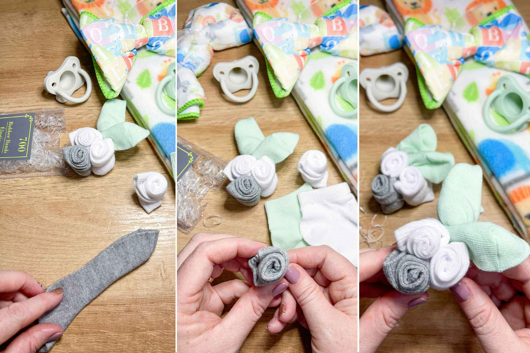 three images of the process of making diy baby sock roses for a diaper wreath