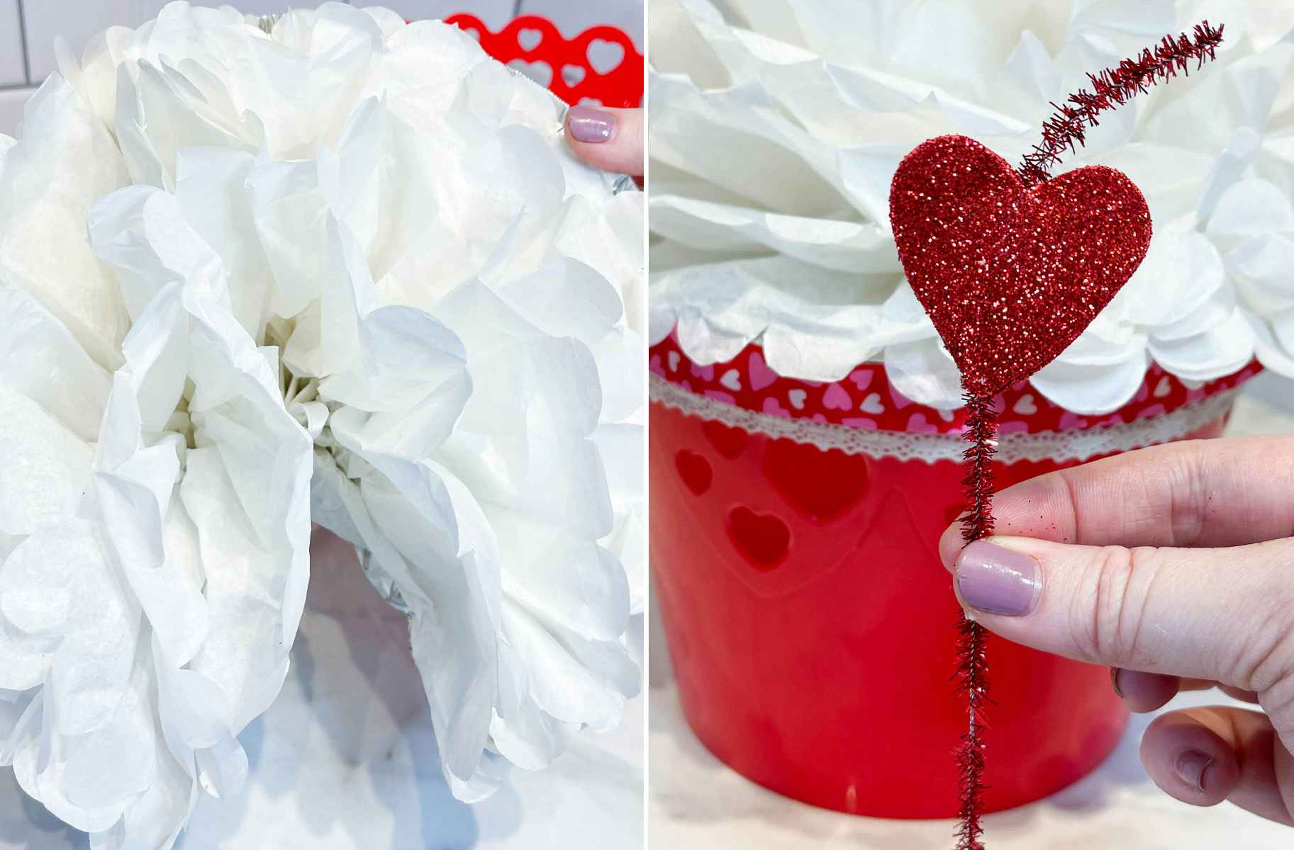 two images of a person creating a cupcake diy valentine box