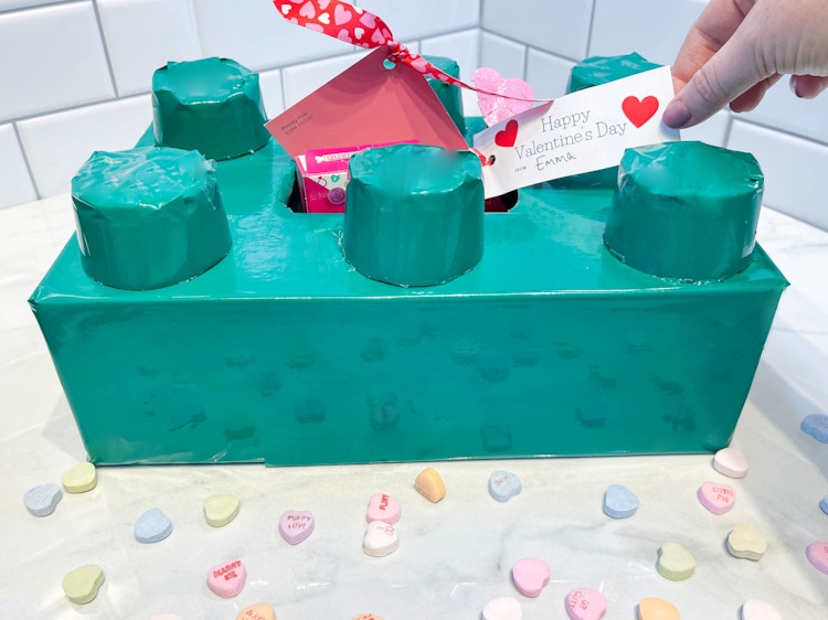 a diy lego valentine sitting on a counter 