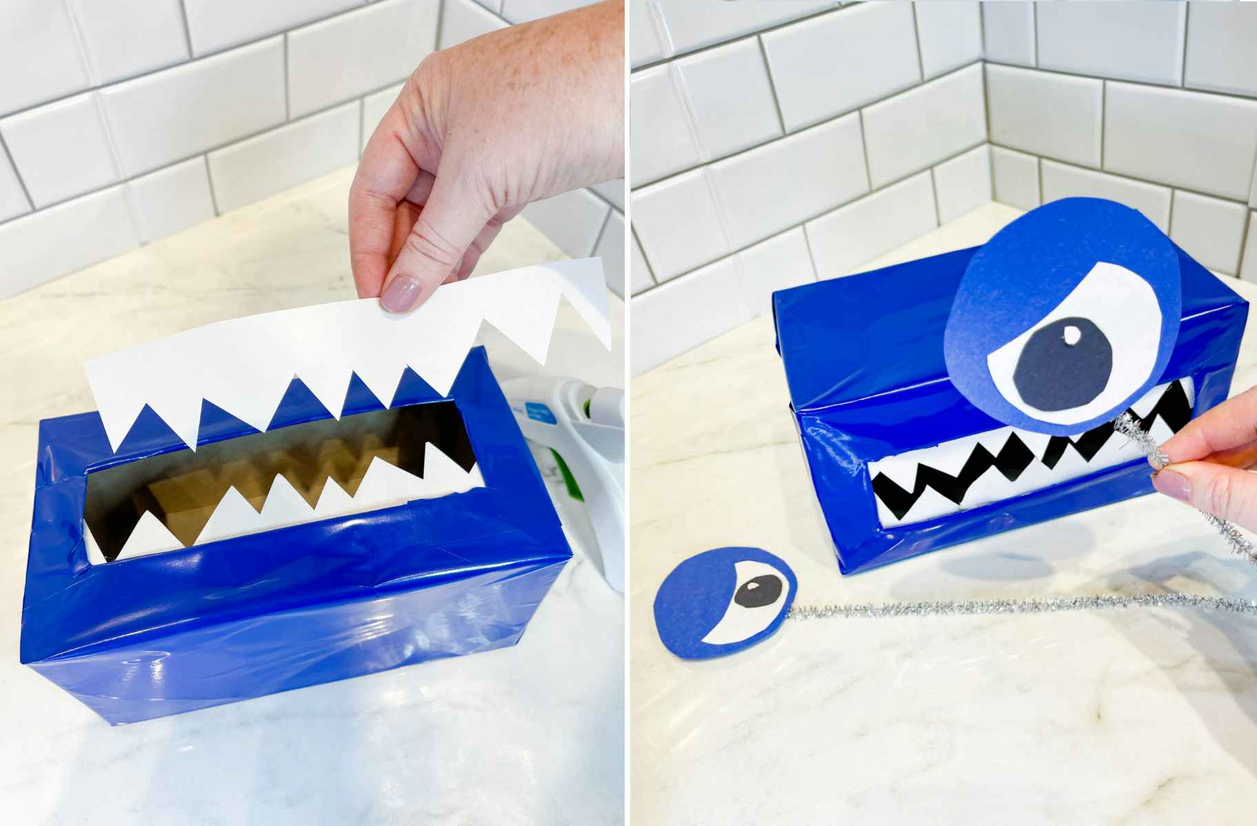 two images of a person creating a monster diy valentine box