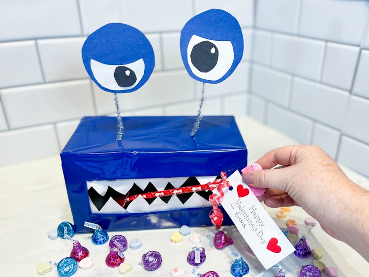 a diy monster valentine sitting on a counter
