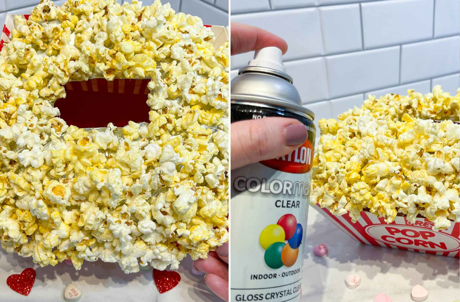 two images of a diy popcorn valentine box being made