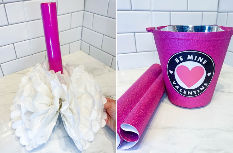 two images of a diy starbuck valentine box being made