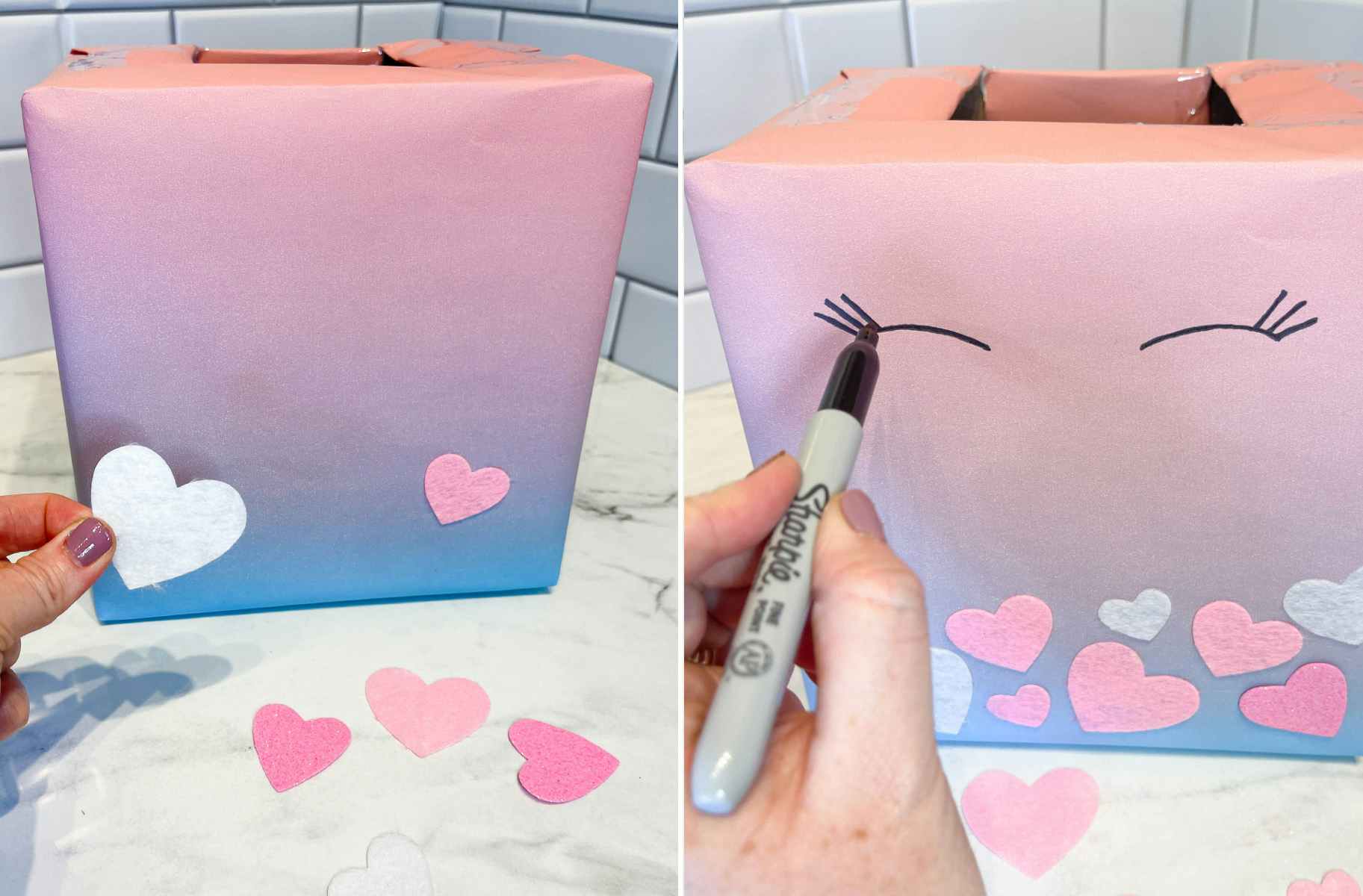 two images of a diy unicorn valentine box being made