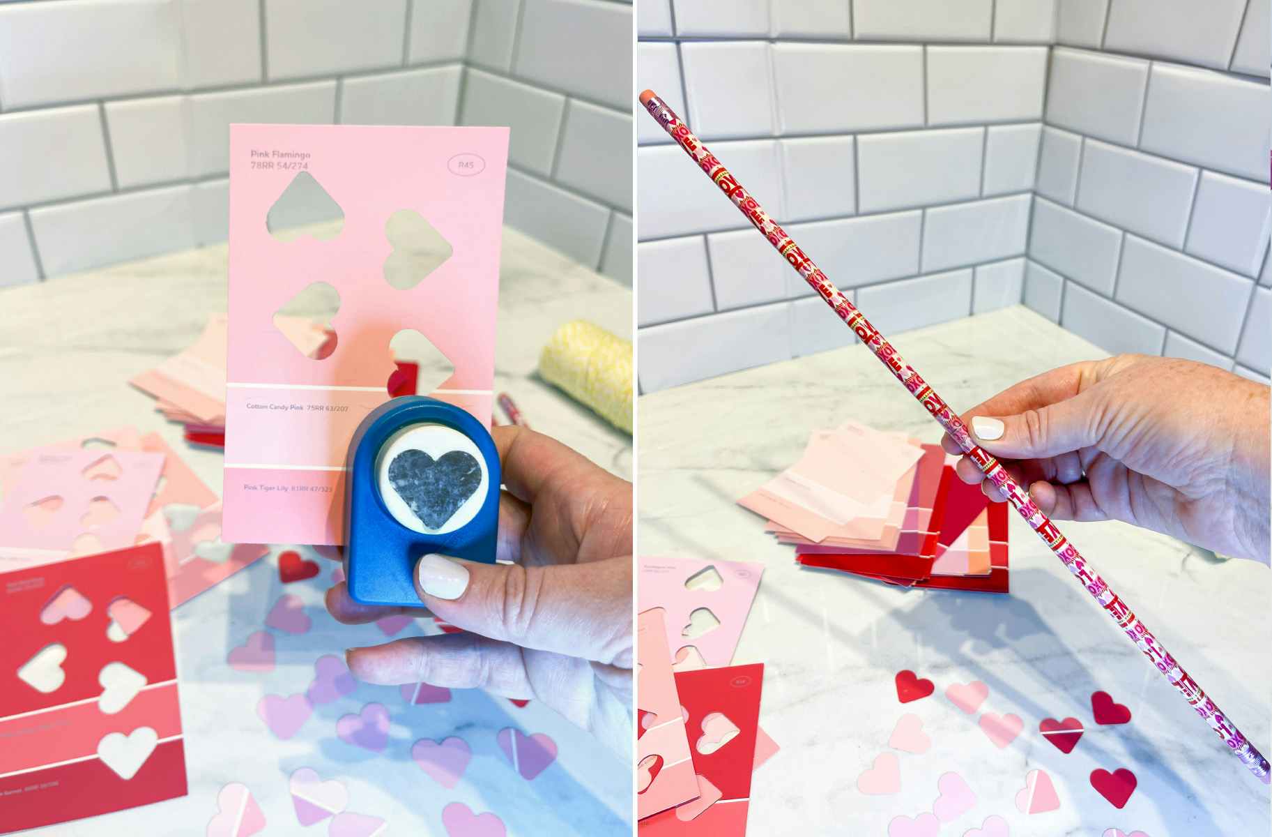 two images of cutting out hearts from a paint swatch and pencils being taped together 