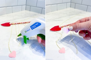two images of heart cut outs being glued