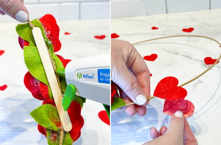 two images of a rose wreath being glued on a hoop