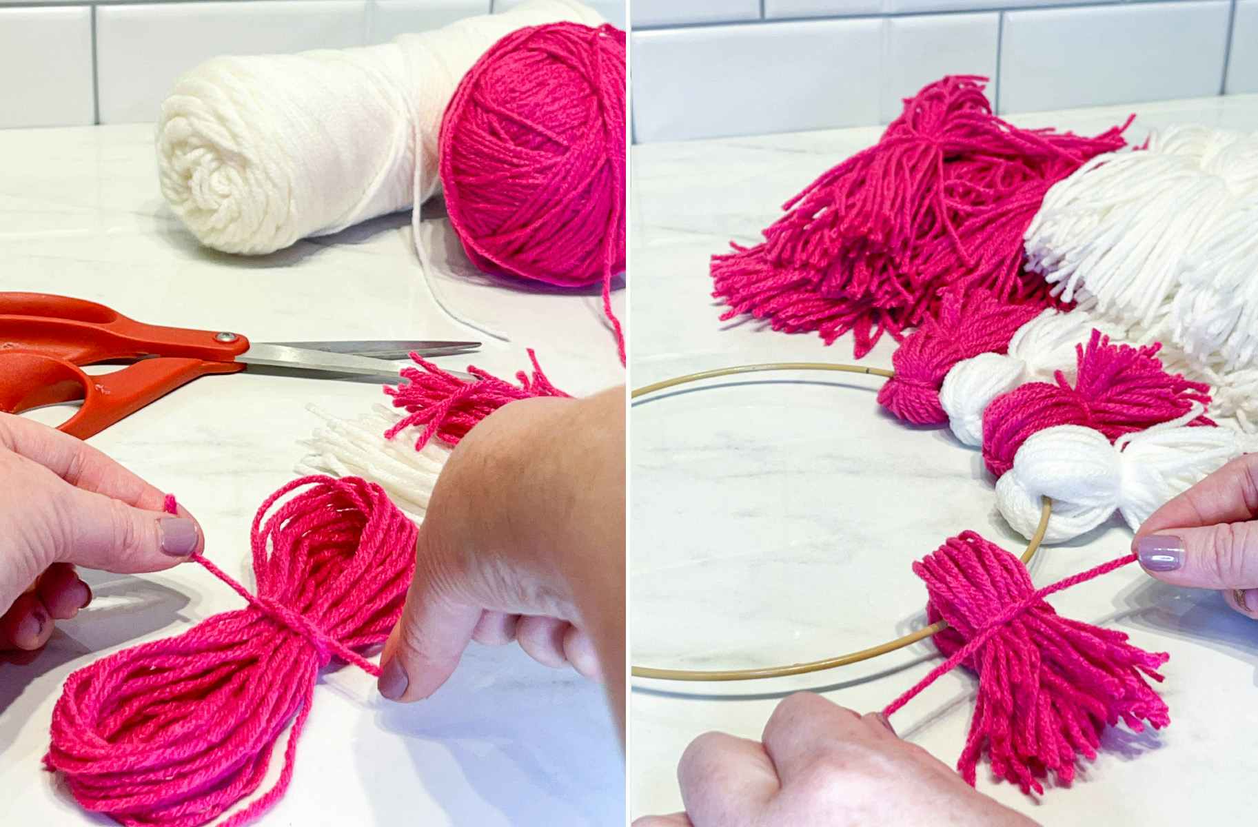 two images of making diy yarn pompoms 