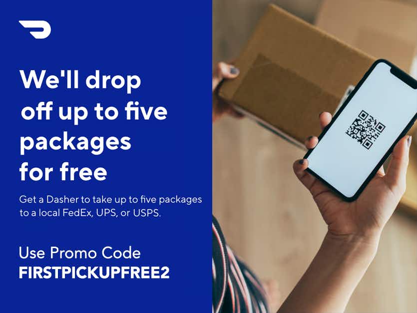 DoorDash announcement about Package Pickup with promo code for free pickup.