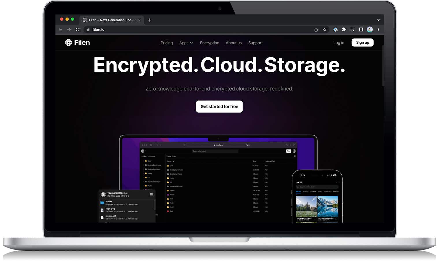 The Filen cloud storage website on a laptop