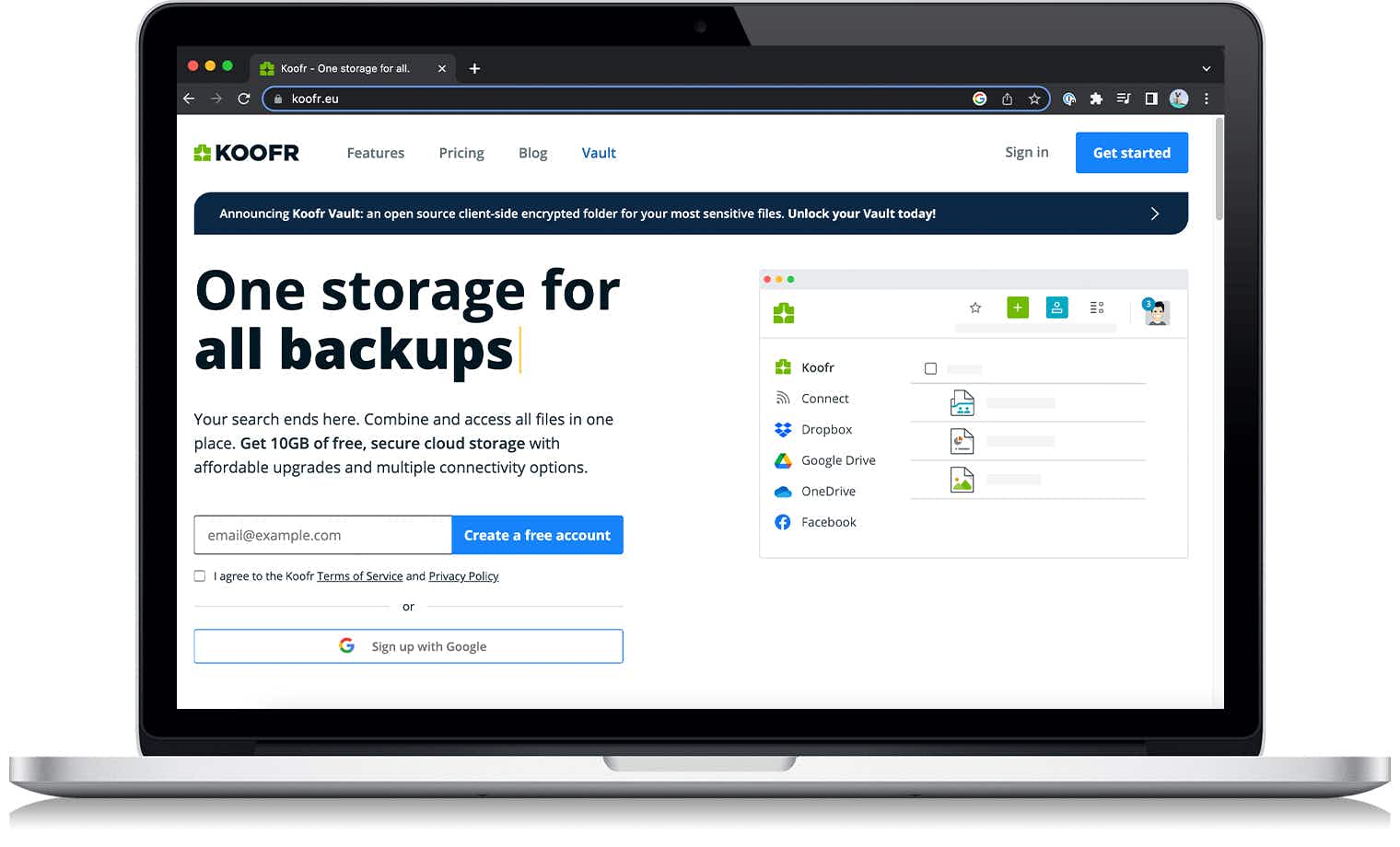 The Koofr cloud storage website on a laptop