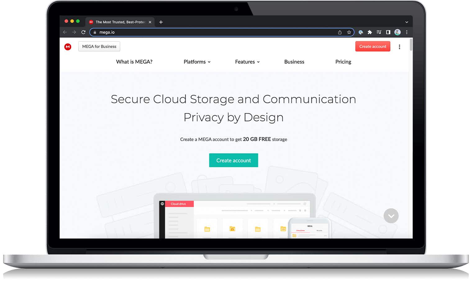 The Mega cloud storage website on a laptop