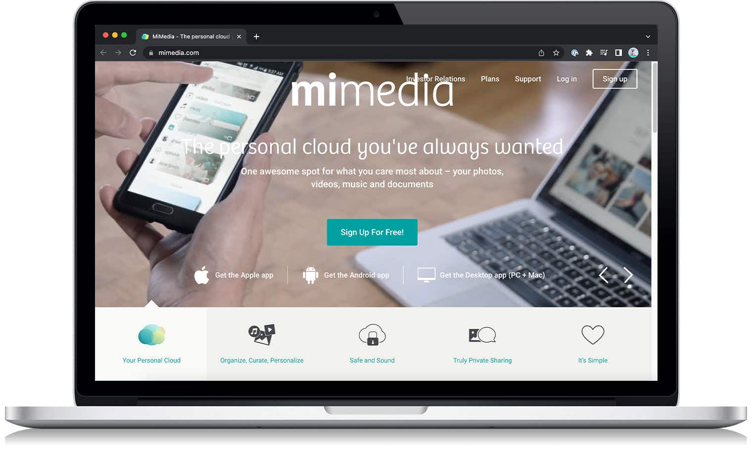 The Mimedia cloud storage website on a laptop