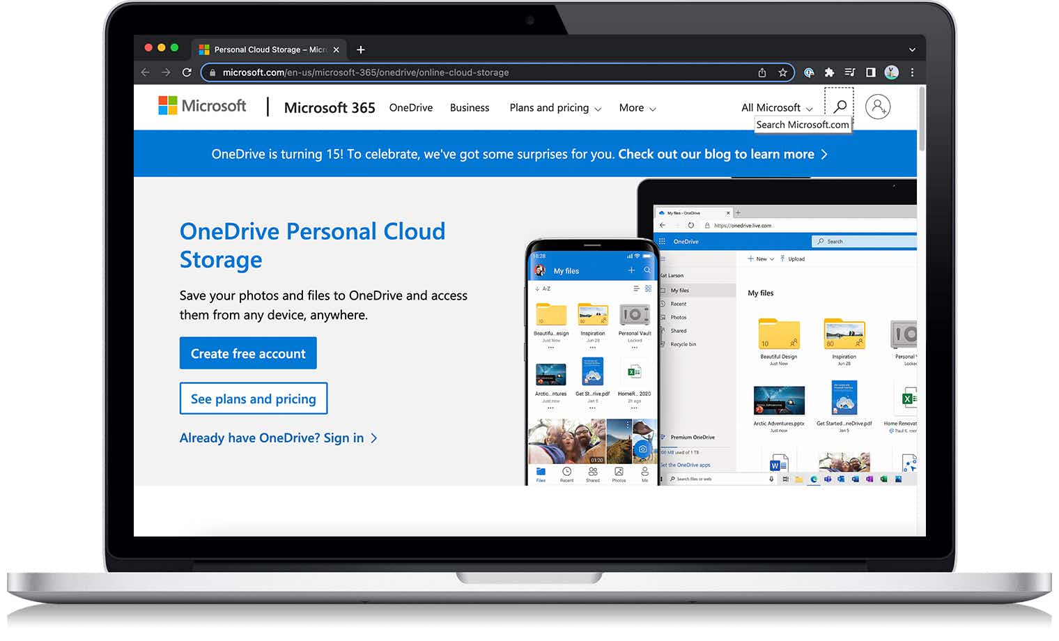 The OneDrive cloud storage website on a laptop