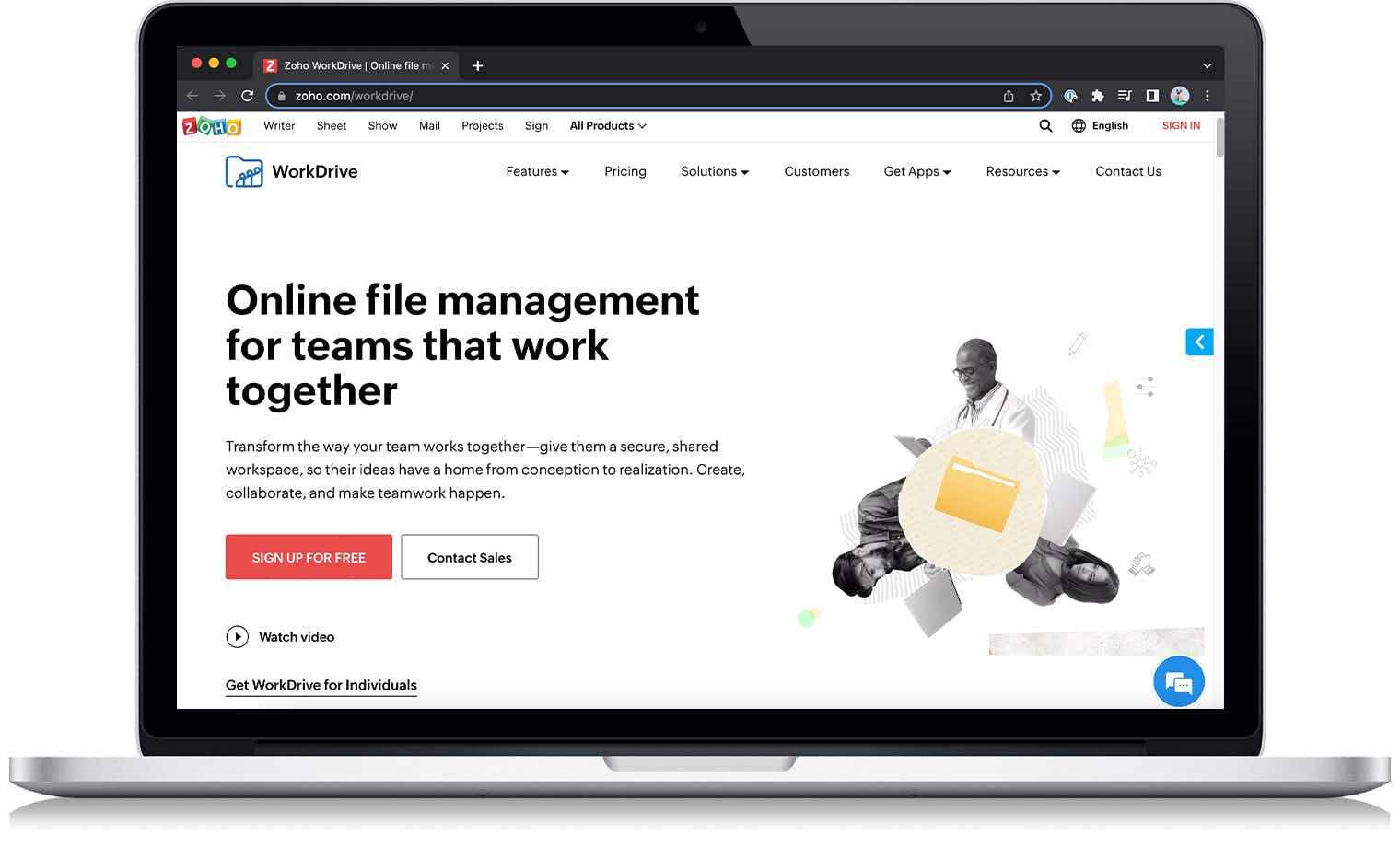 The Zoho WorkDrive cloud storage website on a laptop