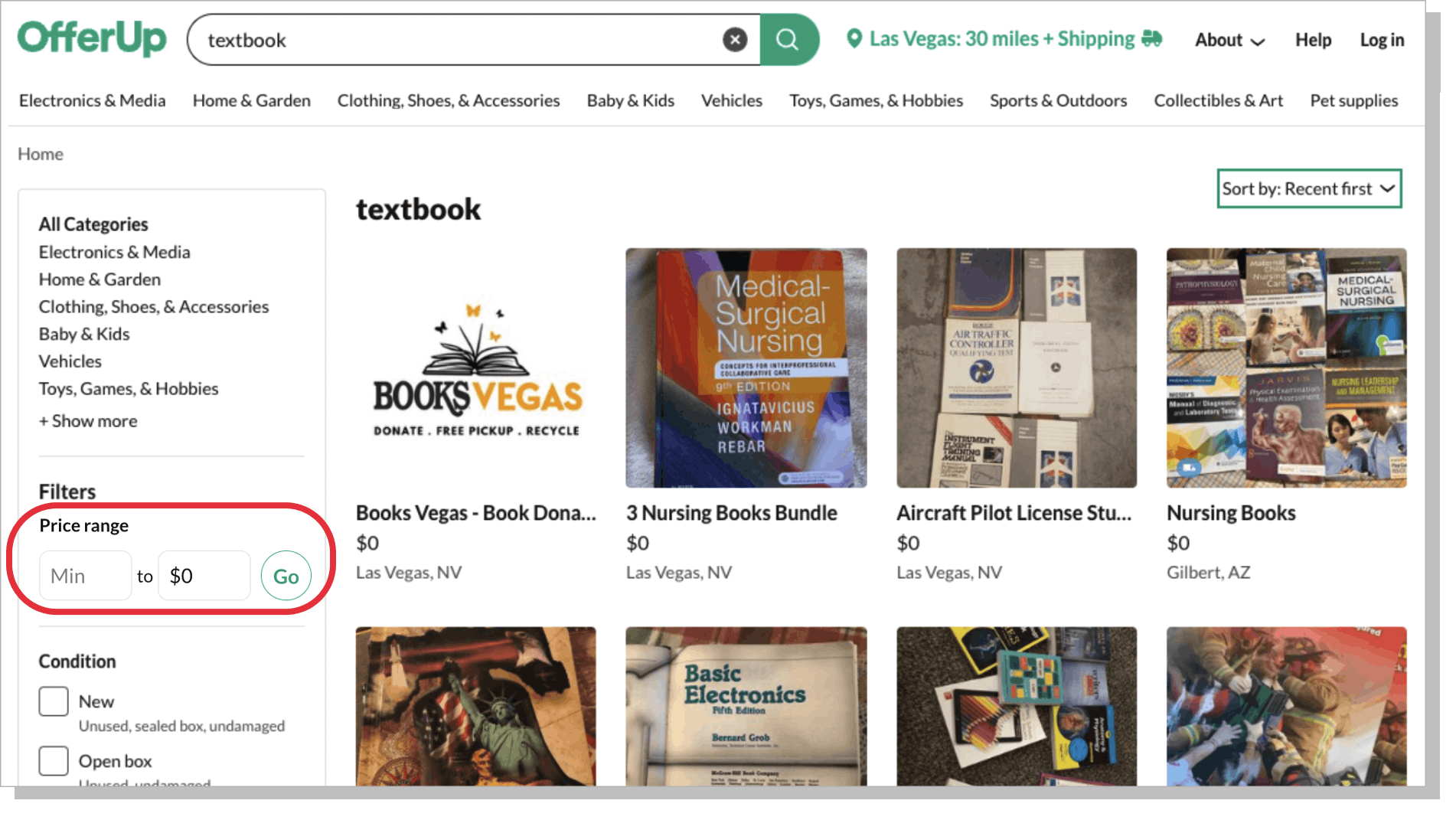 A screenshot from Offerup search results for Textbooks with the price set to $0