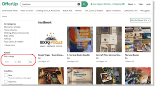A screenshot from Offerup search results for Textbooks with the price set to $0