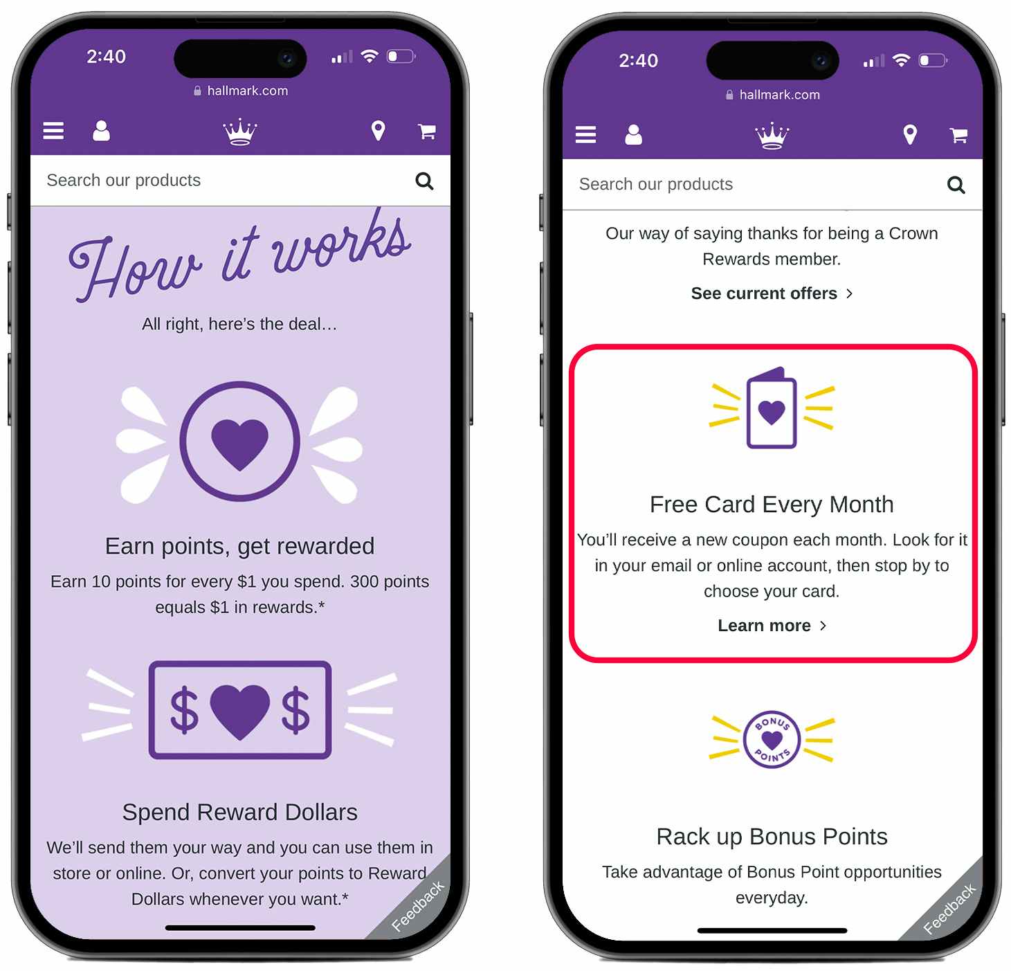 Two phones, one showing the Hallmark.com page beginning to explain how their reward program works, and the other showing the listed reward of one free card a month