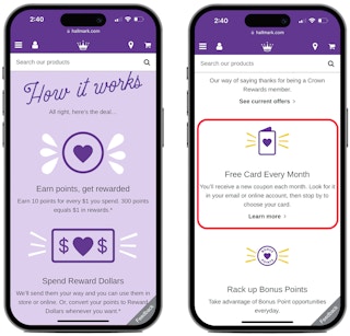 Two phones, one showing the Hallmark.com page beginning to explain how their reward program works, and the other showing the listed reward of one free card a month