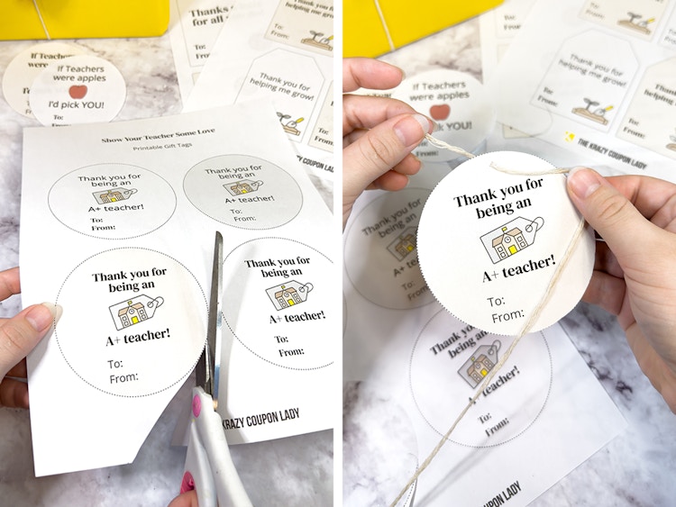 Someone cutting out one of KCL's free printable teacher gift tags and stringing a piece of string through a hole made at the top of one