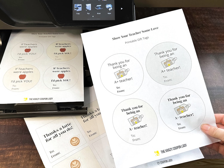 Someone printing out some of the KCL free printable teacher gift tags