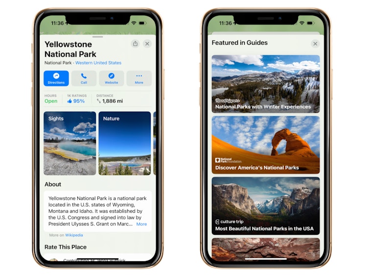 Two smartphones showing Google Map travel resources about Yellowstone National Park
