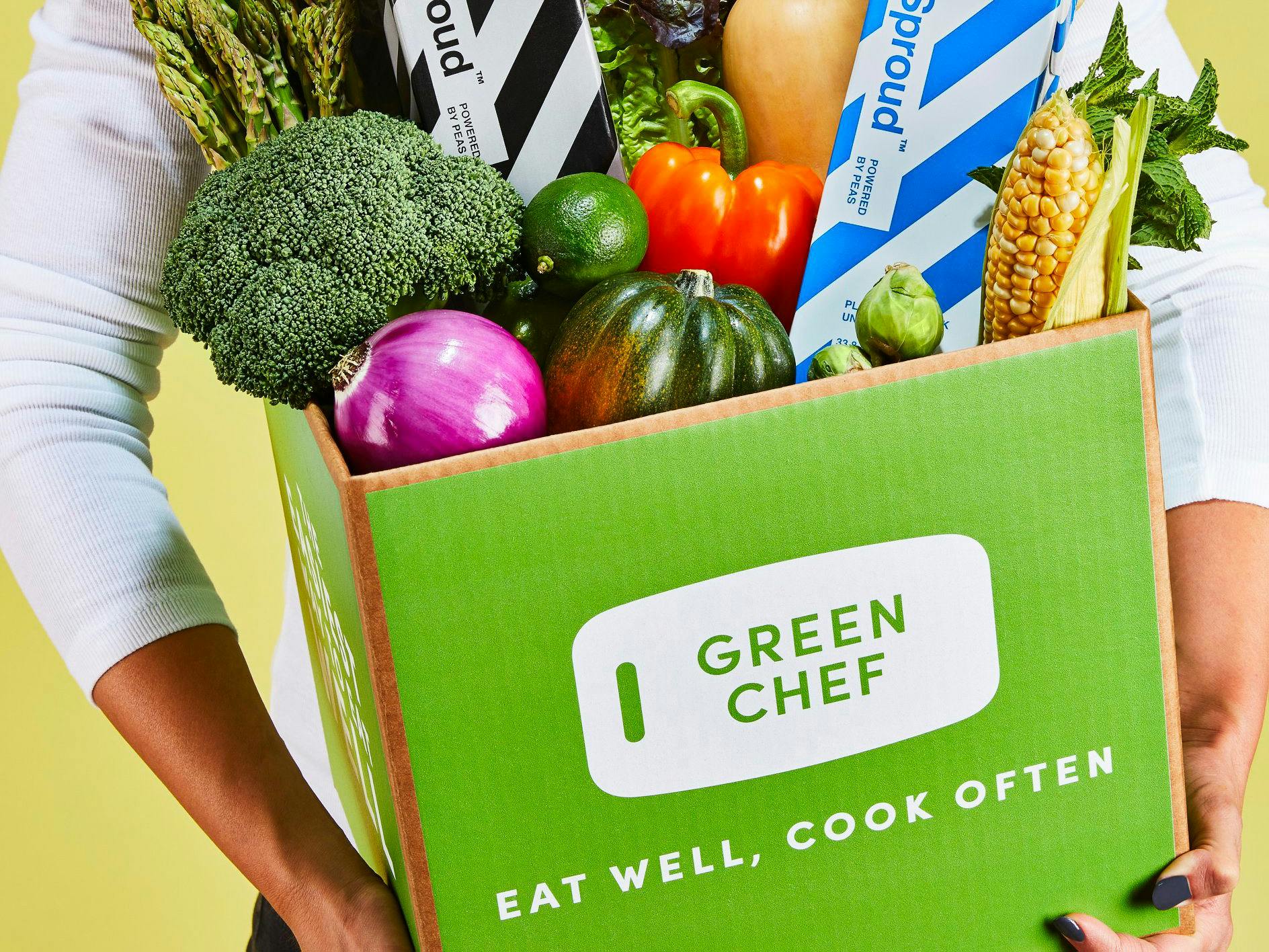 A person holding a Green Chef box with food products in it