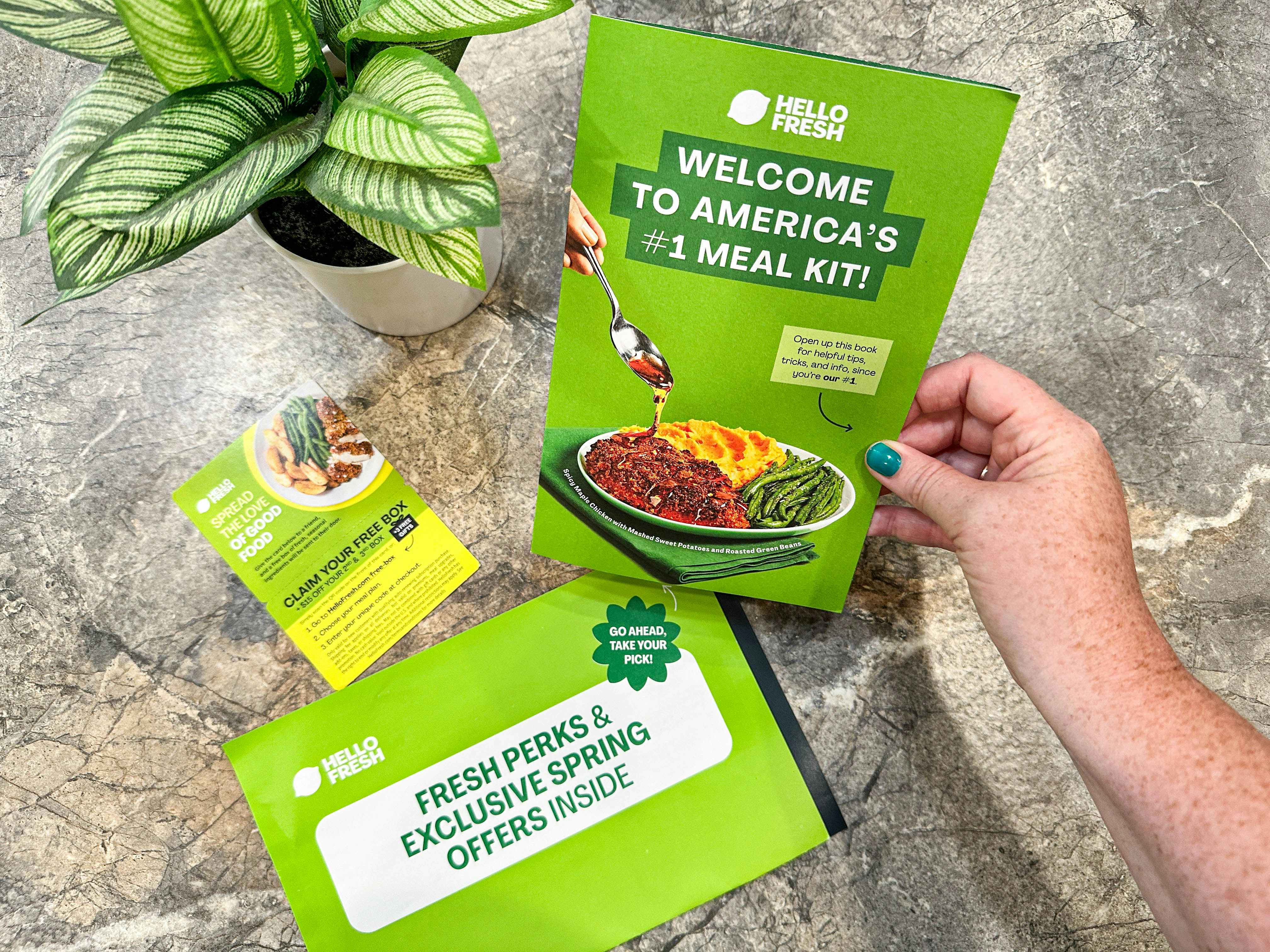 hello fresh coupons from box kit on counter 