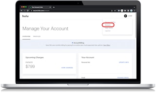 The Hulu account page with the account button circled in the navigation drop down menu