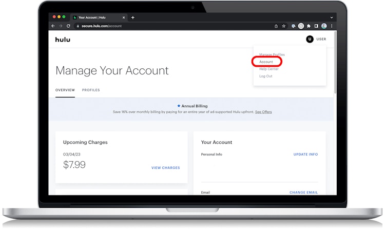 The Hulu account page with the account button circled in the navigation drop down menu