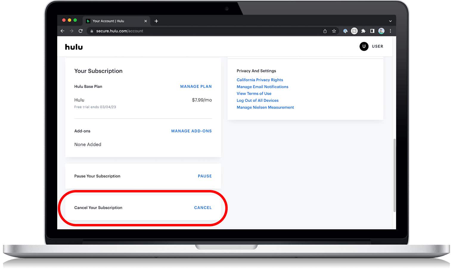 The Hulu account page with the Cancelation button circled at the bottom of the page