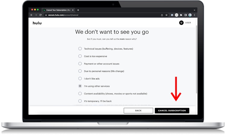 The Hulu account subscription cancelation screen asking for the reason for choosing to cancel
