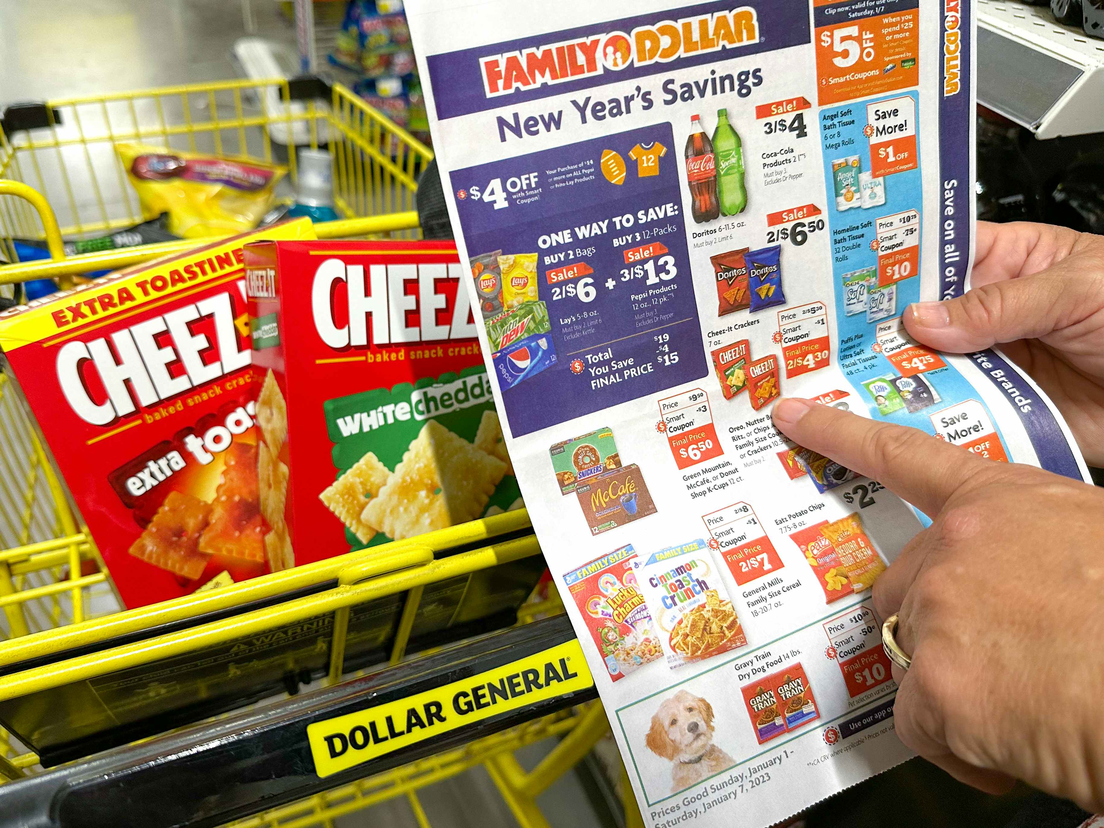 Someone pointing to a deal on a Family Dollar ad next to same products in a Dollar General cart