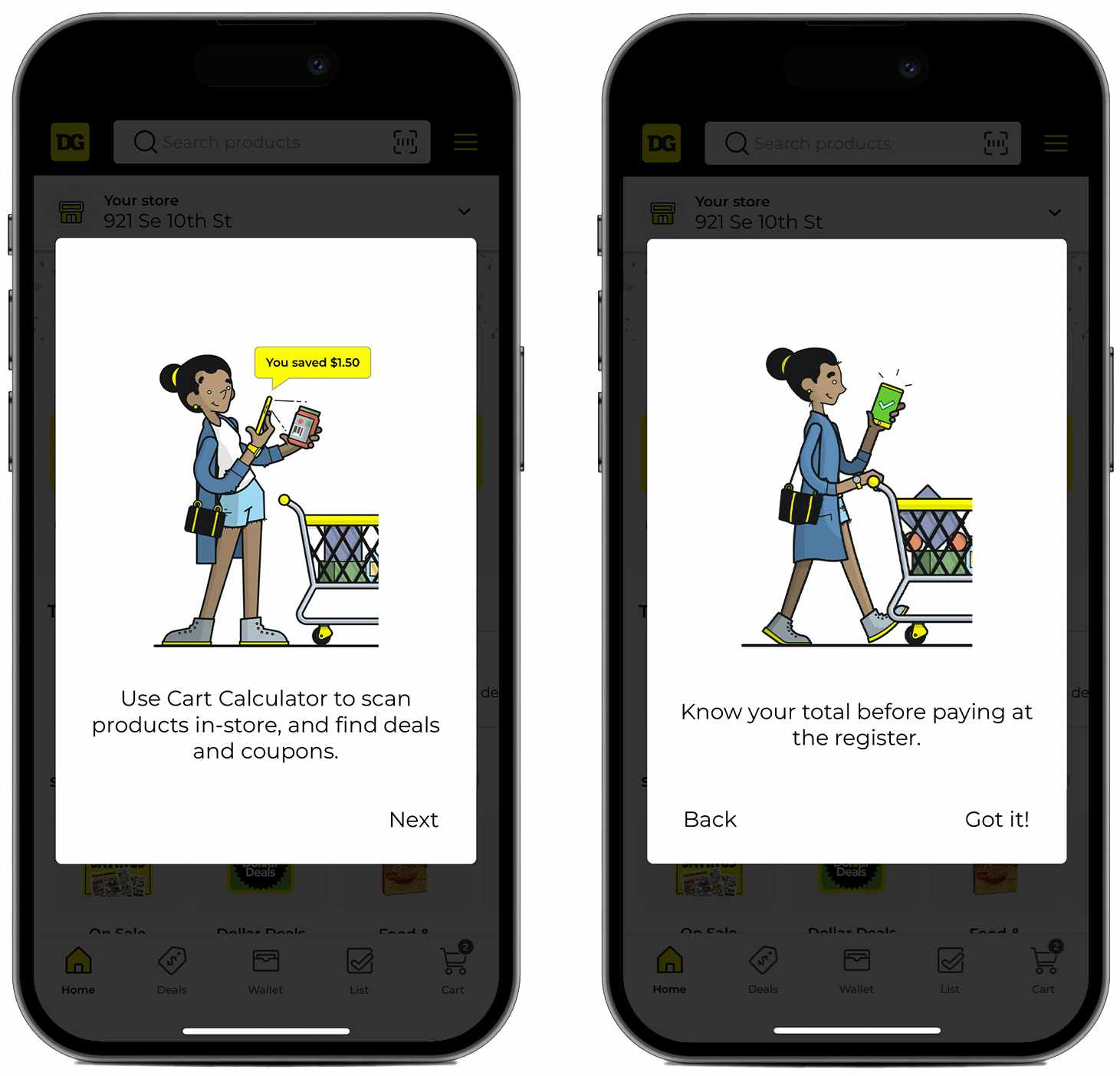 Two phones, each showing a graphic from the Dollar General app showing how the Cart Calculator works