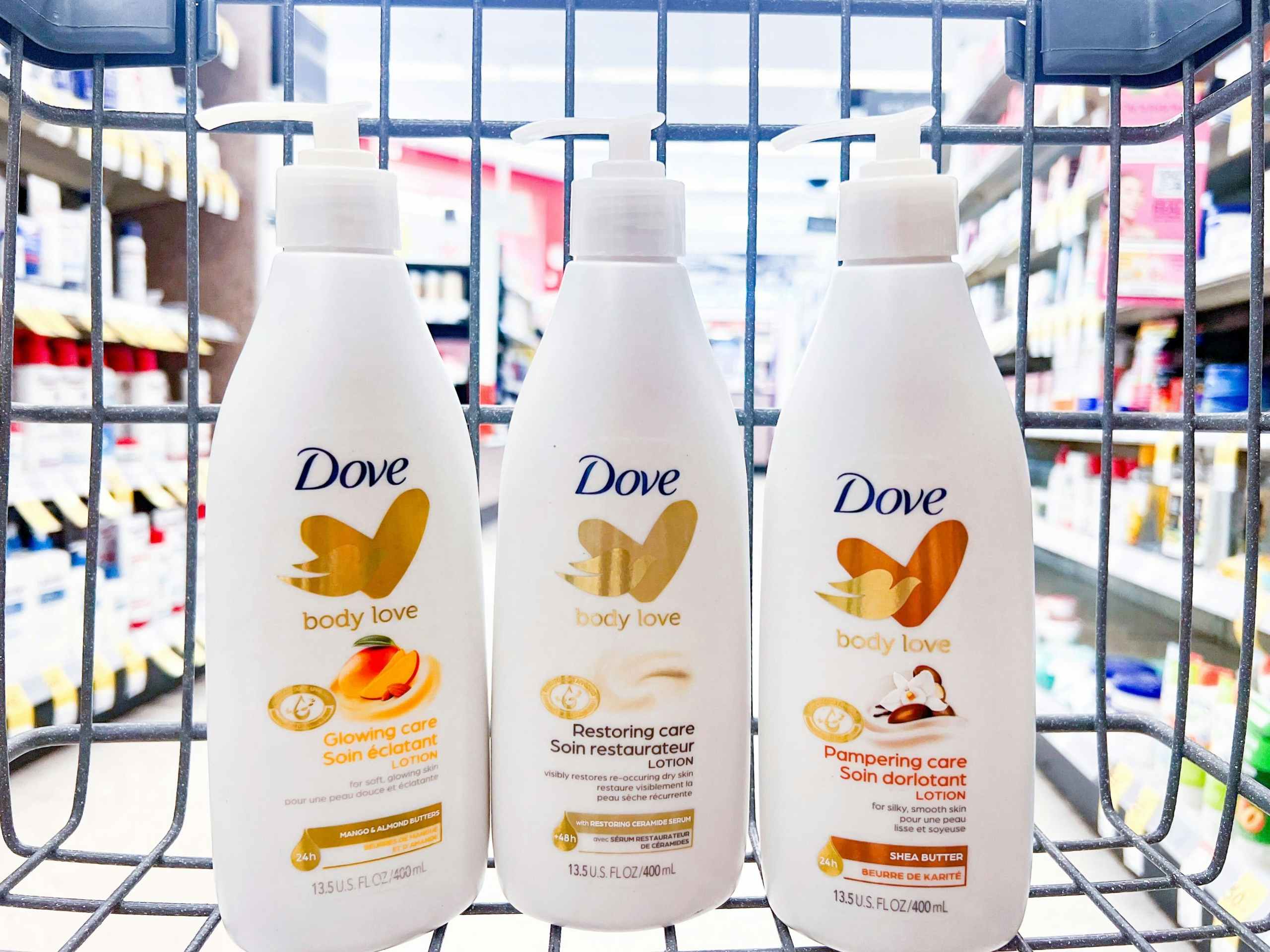 three bottles of dove love body lotion in shopping cart