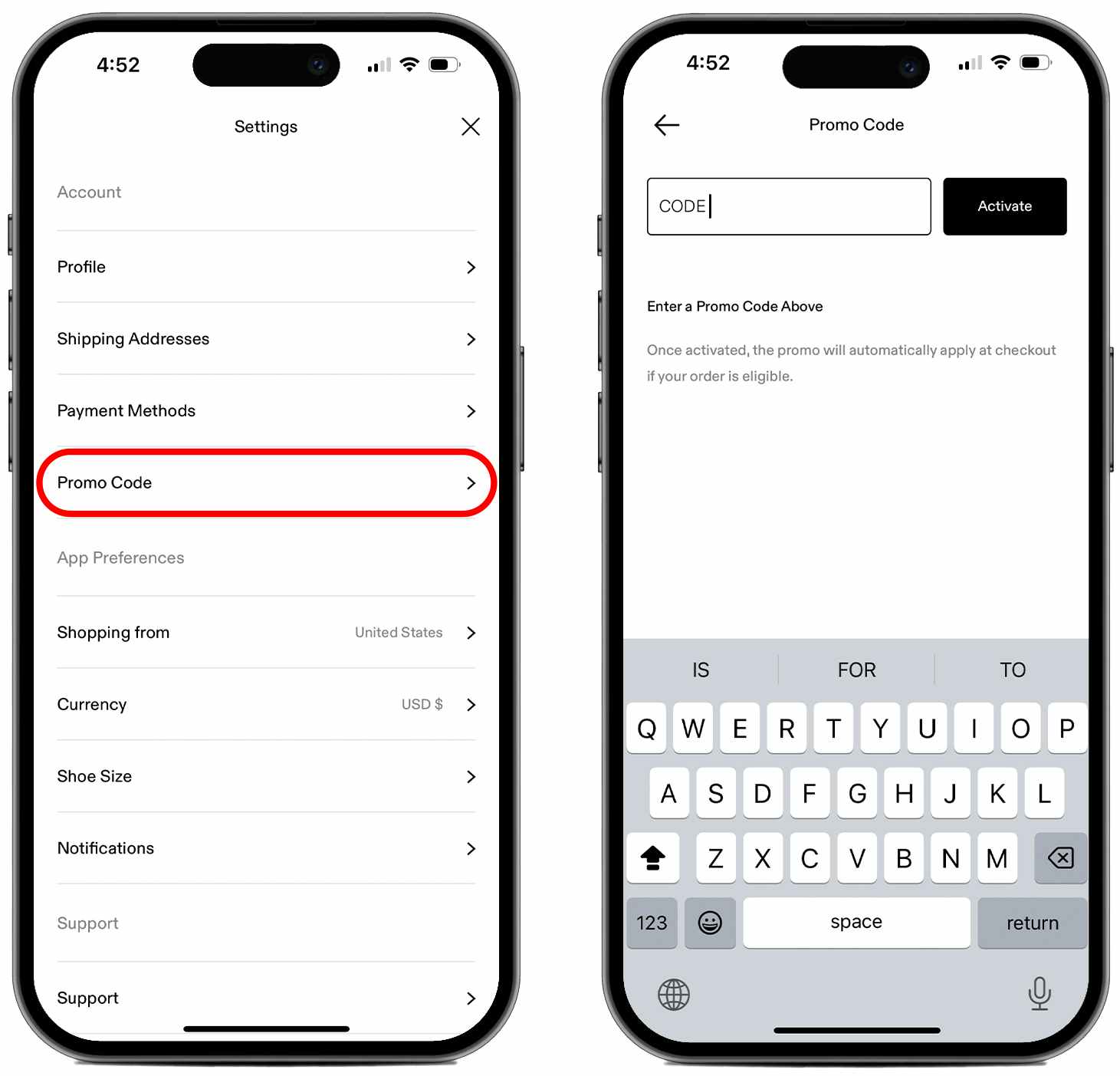 Two phones, one showing the Settings menu in the GOAT app with the Promo Code button circled in red, and the other showing the page that button takes you to
