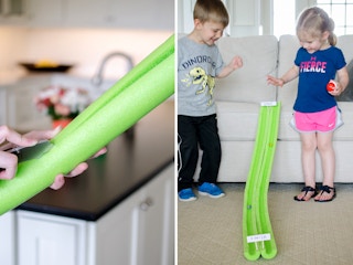 assembling and playing with pool noodle marble run diy project