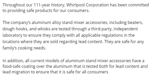 KitchenAid official statement denying lead contamination.
