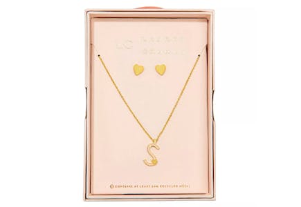 Initial Necklace and Heart Stud Earring Set