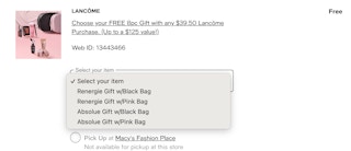 lancome checkout screenshot of a free gift