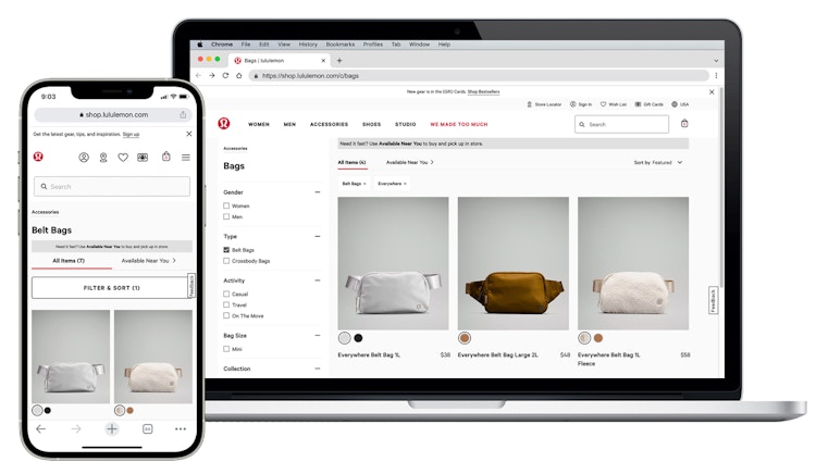 laptop and iphone screenshots of lululemon everyday belt bag products on site