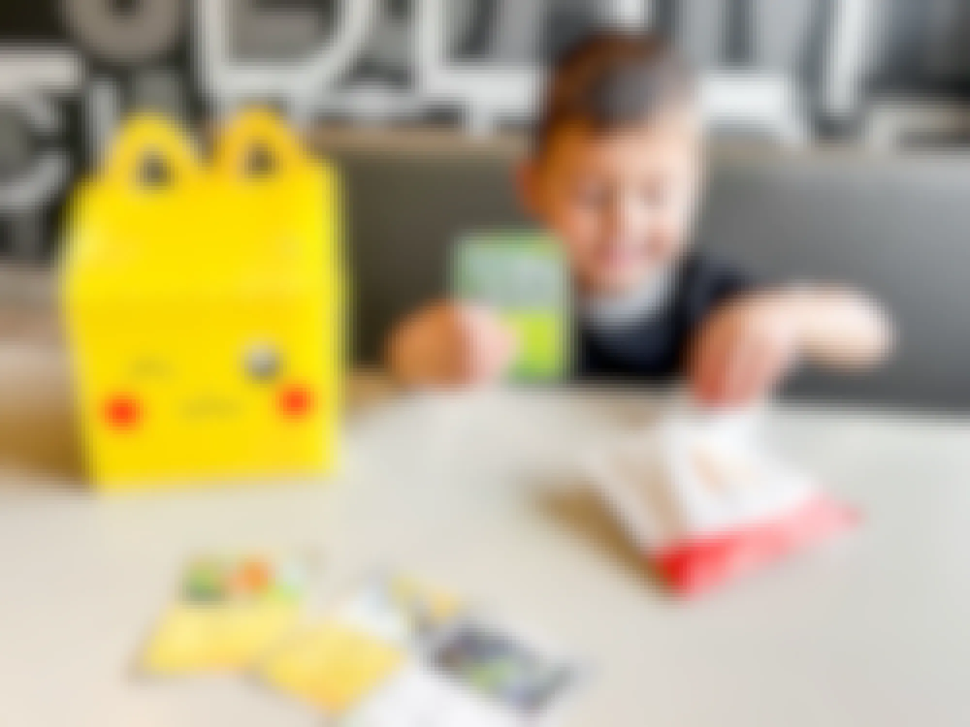 a child eating a chicken nugget while sitting with the pokemon happy meal at mcdonalds