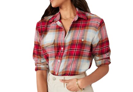 Women's Plaid Flannel Boyfriend Tunic Shirt 
