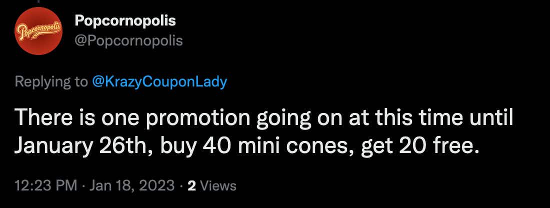 Popcornopolis tweeted Krazy Coupon Lady with info about their 2023 National Popcorn Day deal