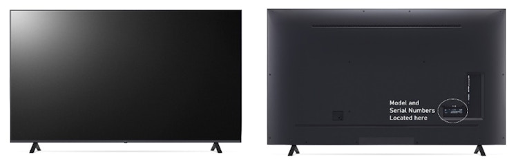 Picture of the front and back of an LG TV involved in the 2023 recall, plus where to find the product number.