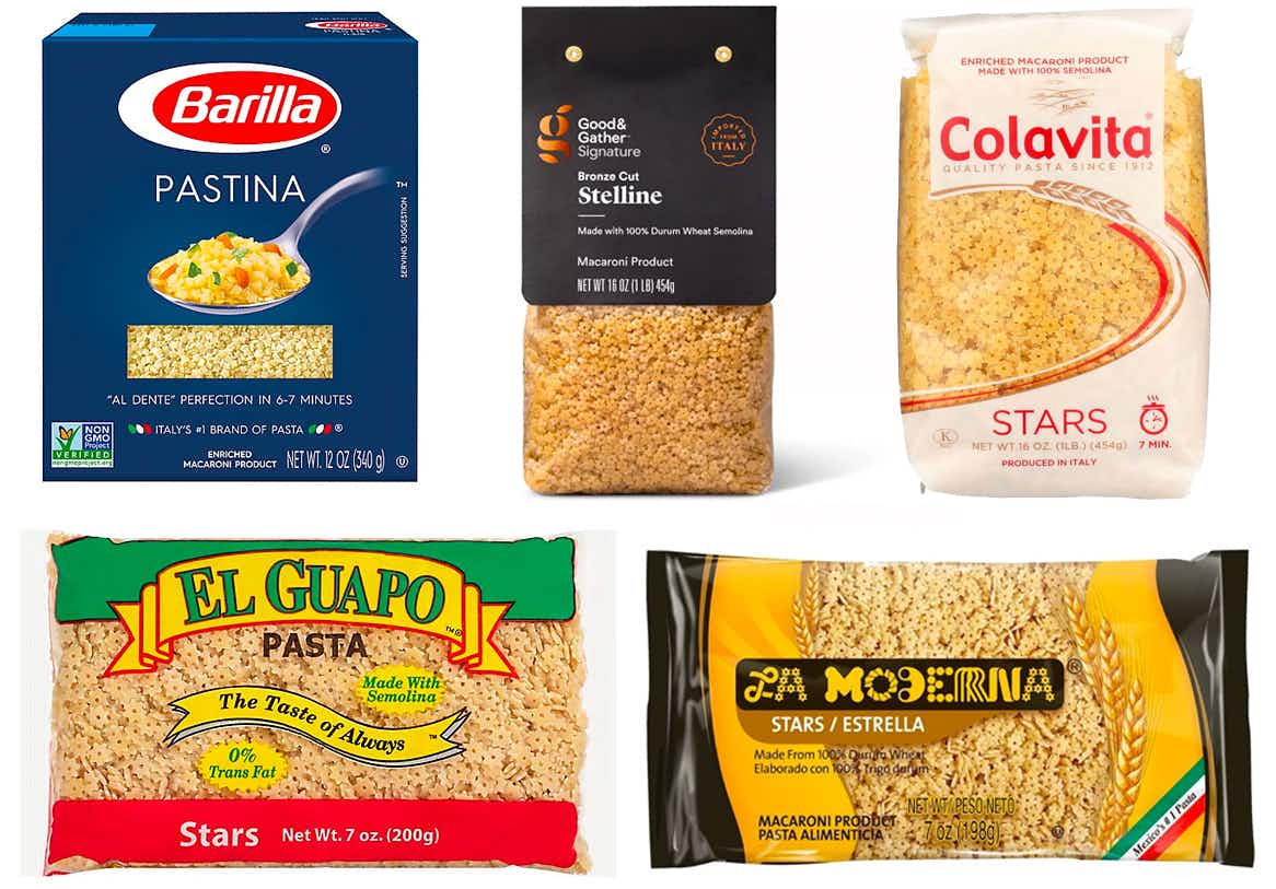 Some different brands of Pastina star pastas