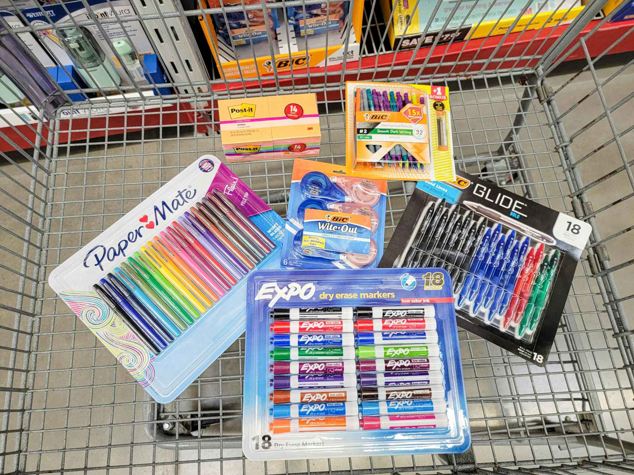 school supplies in a cart