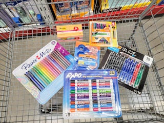 school supplies in a cart