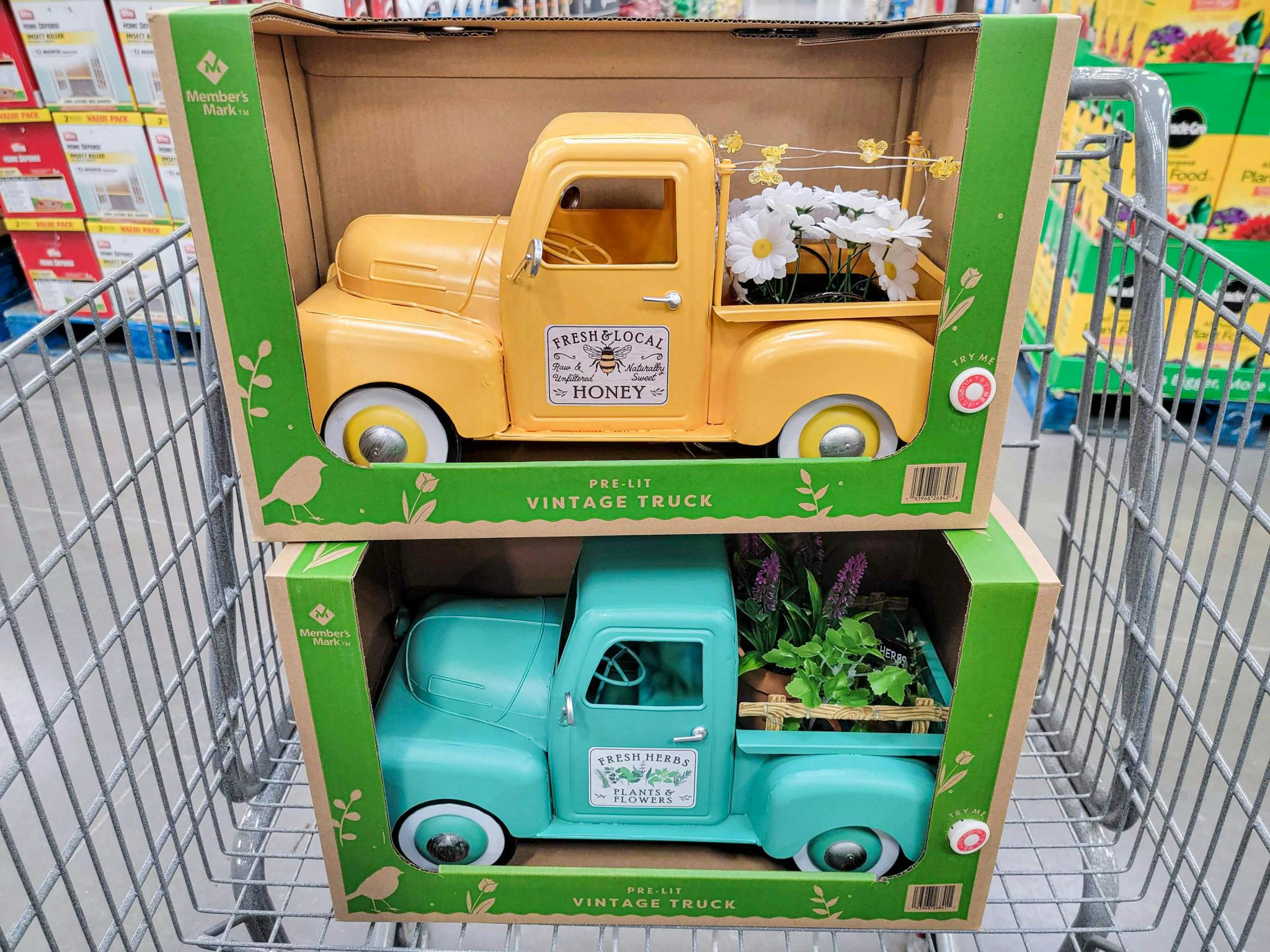 yellow and teal vintage trucks