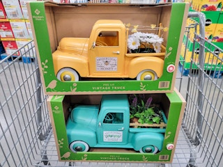 yellow and teal vintage trucks